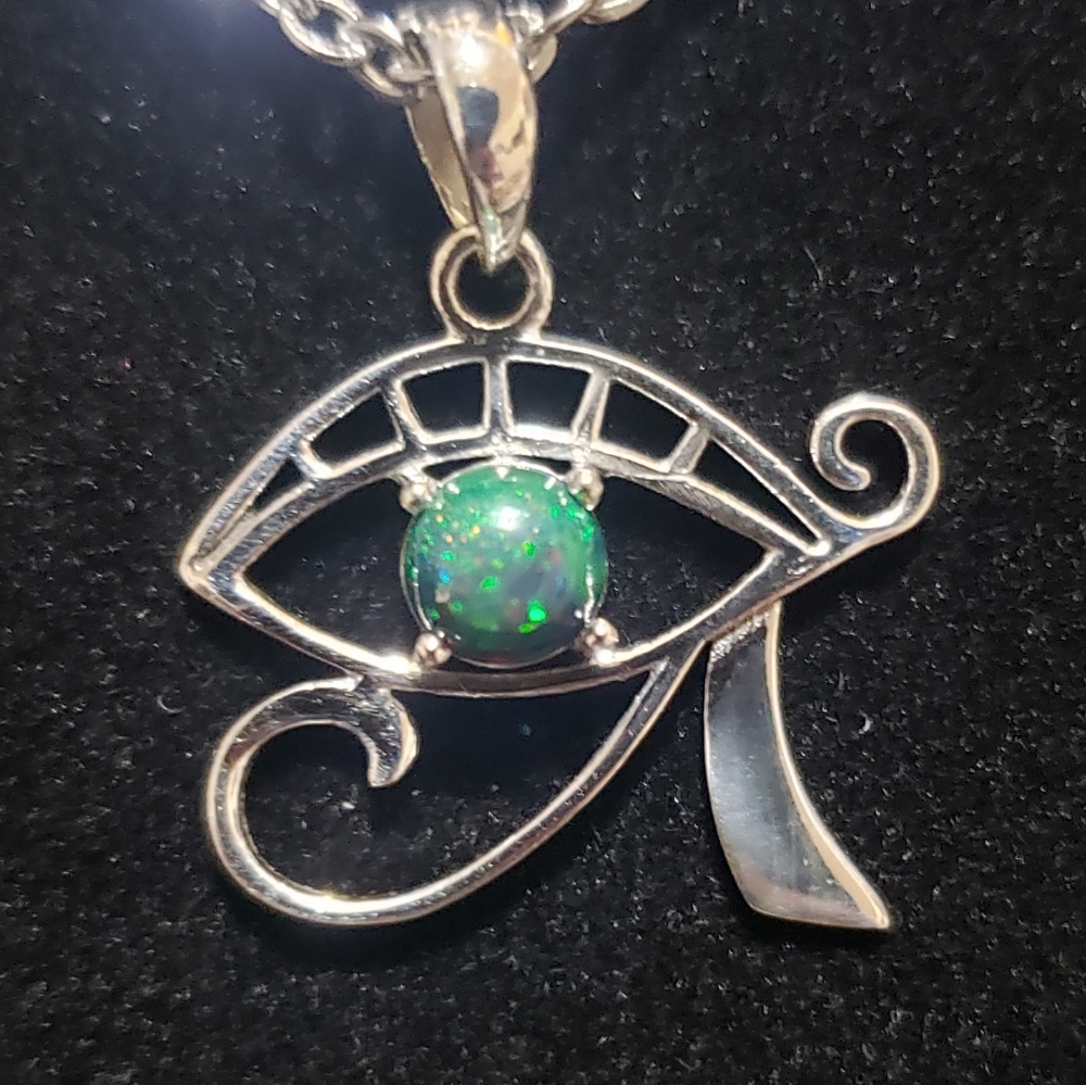 Smoked Ethiopian Opal Eye of Horus Pendant Necklace ~ 925 Sterling Silver